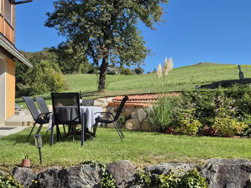 Tisch und Stühle auf der Wiese, dahinter ein großer Baum am Hang