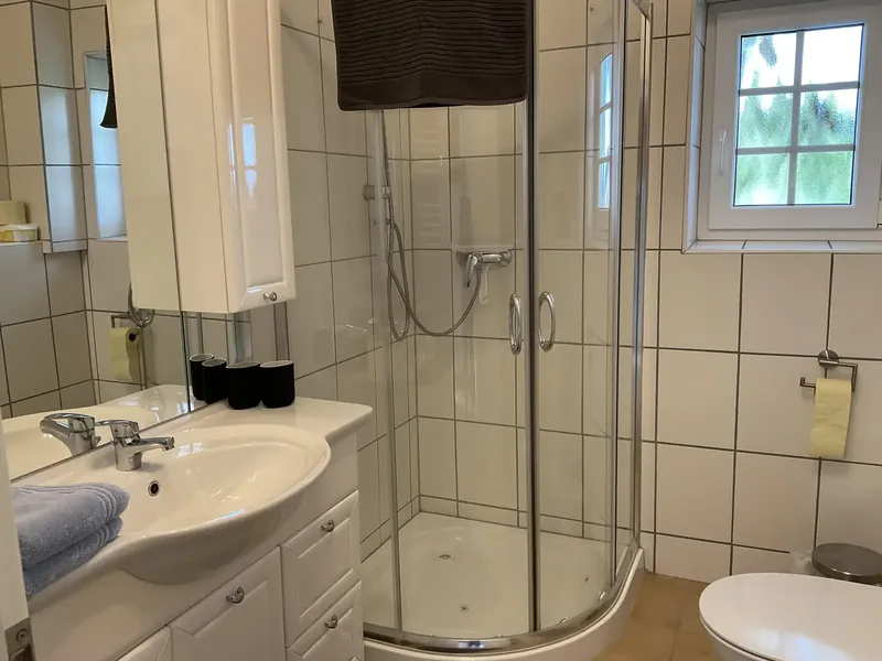 Bad mit Eckdusche, Waschtisch und Fenster