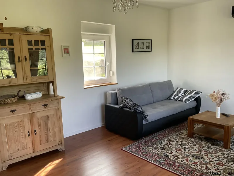 Wohnzimmer mit Bauernkasten aus Fichte, grauem Sofa und Teppich